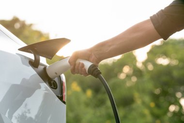 Sonbahar gezisi sırasında sonbahar ormanı arabasında elektrikli araba için şarj eden bir adam. Sonbahar tatilinde elektrikli araçla çevre dostu bir seyahat. Yükselt