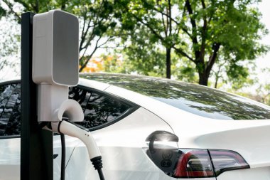 EV elektrikli araç EV şarj istasyonu ulusal park veya açık hava orman manzaralı. Çevre dostu EV arabalarla yaz ormanlarında doğal koruma. Yükselt