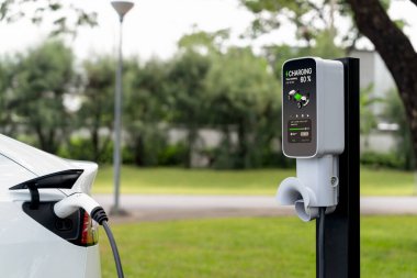 Açık yeşil şehir parkı manzarasındaki EV şarj istasyonundan EV elektrikli araç şarj oluyor. Çevre dostu EV araba yolculuğuyla doğal koruma. Yükselt