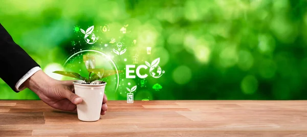 Businessman Holding Green Plant Eco Digital Design Icon Symbolize Environmental — Stock Photo, Image