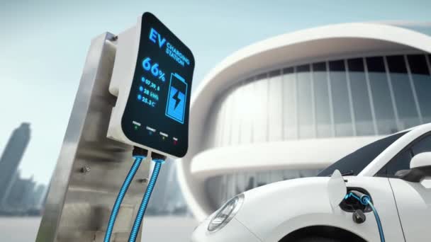 Electric Car Recharging Smart Charging Station Modern Futuristic Building Background — Stock Video