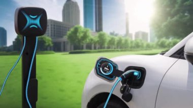 EV otomobili, elektrik yükleme istasyonuna bağlanarak yeşil parktaki EV şarj cihazının pil durumu hologramını şehrin gelecekteki ekolojik yaşam biçimi ve temiz enerjinin kullanımı olarak gösteriyor. İnceleyin