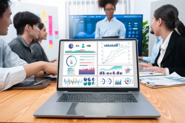 Digital financial BI dashboard data on laptop screen displaying data analysis graph and chart for business growth strategy and marketing indication during team meeting or presentation. Concord clipart