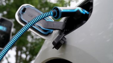 Doğal yeşil araba parkındaki ekolojik temiz enerji şarj istasyonundan gelen fütürist akıllı EV şarj aletinin şarj ettiği elektrikli araba. Alternatif enerji kullanan gelecekçi çevre dostu elektrikli araba. İnceleyin