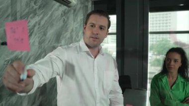 Yetenekli işadamı, cam duvara renkli yapışkan notlar yapıştırarak proje yöneticisine pazarlama fikrini sundu. Proje yöneticisi yatırımcıya projeyi gösteriyor, anlatıyor, gösteriyor. Yönlendirici.