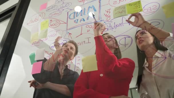 Junge Schöne Projektmanagerin Schreibt Marketingidee Finanzstrategie Löst Probleme Während Sie — Stockvideo