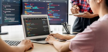 Bilgisayar ekranında program kodu gösterilirken iki akıllı kooperatif bilgisayar mühendisi program kodunu çözmek için takım çalışması yapıyor. Laptop, web geliştirme, programcı, Java betiği. Filizlenen.