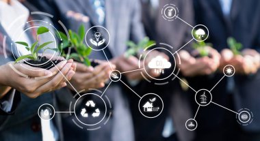 Panorama iş adamları tesisi güven içinde bir arada tutuyorlar. Yeşil gelecek için net sıfır teknoloji yatırımıyla çevresel sürdürülebilirliği elde etmek için ESG ortaklığı ve birlik. Güven