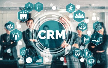 İş satış pazarlama sistemi konsepti için CRM Müşteri İlişkileri Yönetimi CRM veritabanı analizini desteklemek için hizmet uygulamasının fütüristik grafik arayüzünde sunulmuştur. uds