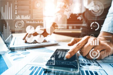 İş ve Finans Konsepti Veri Analizi. Dijital iş stratejisi için gelecekteki kar analitik bilgisayar teknolojisini, çevrimiçi pazarlama araştırma ve bilgi raporunu gösteren arayüz. uds