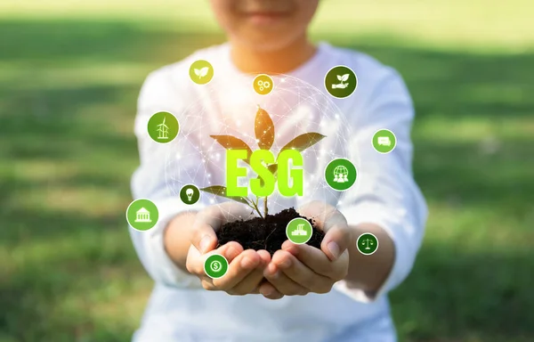 Little Kid Nurturing Plant Eco Icon Symbolize Natural Preservation Future — Stock Photo, Image