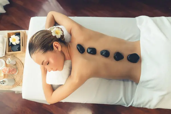 Panorama Vue Dessus Massage Aux Pierres Chaudes Salon Spa Dans — Photo