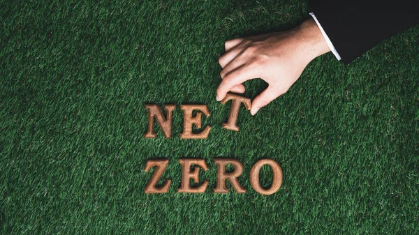 Environmental awareness campaign, hand arrange message in Net Zero on biophilic green grass background. Environment friendly with reduce CO2 emission concept for sustainable and green future. Gyre