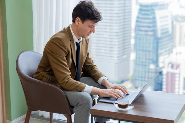 Portrait Skilled Businessman Working Laptop Window Skyscraper Professional Executive Manager — Stock Photo, Image