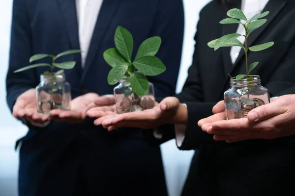 Geschäftsleute Die Mit Münzen Gefüllte Spardosen Und Pflanzen Zur Nachhaltigen — Stockfoto