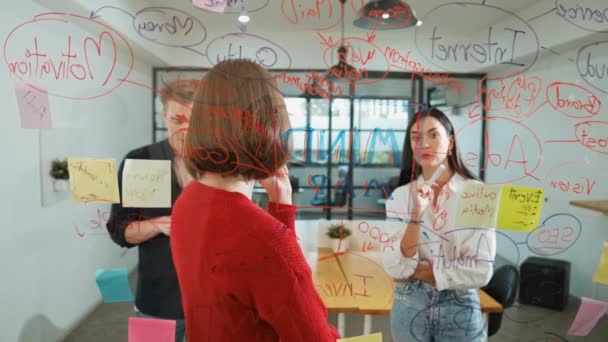 Tim Bisnis Muda Kreatif Melakukan Brainstorming Tentang Rencana Pemasaran Sementara — Stok Video