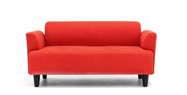 Beyaz arka planda kırmızı İskandinav tarzı çağdaş kanepe modern ve şık oturma odası için minimal mobilya tasarımı. uds