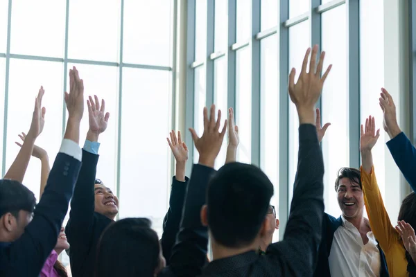Successful Business People Raised Hands Voting Showing Approval Volunteering Office — Stock Photo, Image