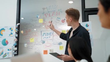 Profesyonel erkek lider projeye cam tahta yapışkan notlar ve yaratıcı zihin haritası kullanarak başlarken yatırımcı sunumu dikkatle dinler. Tertemiz..