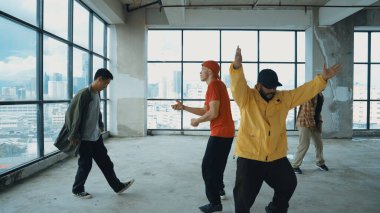 Çok kültürlü dansçılar sokak dansı yapıyor ve hip-hop müziğine geçiyorlar. Profesyonel hipster grubu gökyüzü kavgacı görünümlü bir binada serbest stil müzik eşliğinde dans ediyor. Açık hava sporu 2024. ÇalışmaComment.