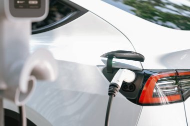 EV elektrikli araç EV şarj istasyonu ulusal park veya açık hava orman manzaralı. Çevre dostu EV arabalarla yaz ormanlarında doğal koruma. Yükselt
