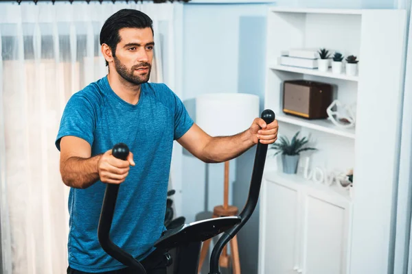 Athletic Sporty Man Running Elliptical Running Machine Home Body Workout — Stock Photo, Image