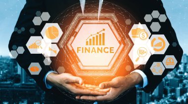 Finans ve Para İşlem Teknolojisi Konsepti. Modern bilgisayar uygulamasında fintech ticaret alışverişini, kar istatistik analizini ve piyasa analisti hizmetini gösteren simgesel grafik arayüzü. uds