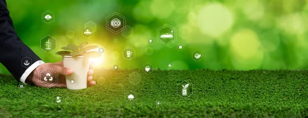 Businessman Holding Green Plant Eco Digital Design Icon Symbolize Environmental — Stock Photo, Image