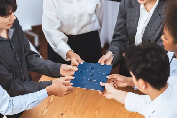 Corporate Officer Worker Collaborate Office Connecting Puzzle Pieces Report Paper — Stock Photo, Image