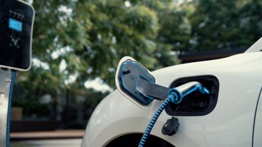 Elektrikli araba, çevre yeşil parkındaki elektrik kablosu ve yeşillik yeşili yeşillik yapraklarıyla şarj etmek için şarj istasyonuna bağlandı. Geleceğin yenilikçi her arabası ve enerji sürdürülebilirliği.