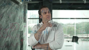 Akıllı iş adamı cam tahtanın önünde bir proje başlatmayı düşünüyor. Gülümseyen erkek proje yöneticisi yaratıcılık pazarlama stratejisini gösteren renkli yapışkan notlara bakıyor. Yönlendirici.