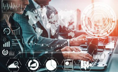 İş ve Finans Konsepti Veri Analizi. Dijital iş stratejisi için gelecekteki kar analitik bilgisayar teknolojisini, çevrimiçi pazarlama araştırma ve bilgi raporunu gösteren arayüz. uds