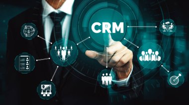 İş satış pazarlama sistemi konsepti için CRM Müşteri İlişkileri Yönetimi CRM veritabanı analizini desteklemek için hizmet uygulamasının fütüristik grafik arayüzünde sunulmuştur. uds