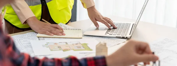 Cropped Image Professional Engineer Team Working Blueprint While His Coworker — Stock Photo, Image