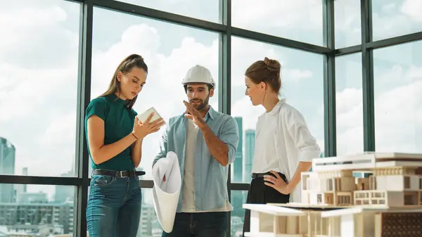 Group Smart Architect Engineer Hold Project Plan While Brainstorming Idea — Stock Photo, Image