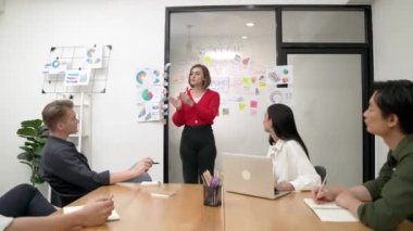 Genç liderin kapanışı, proje hakkında beyin fırtınası yapan meslektaşı ve proje yöneticisi tarafından çevrelenmiş zihin haritası ve renkli yapışkan notlar kullanılarak kendinden emin bir şekilde iş projesini sunuyor. Tertemiz..