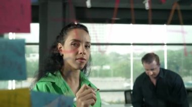 Profesyonel iş adamları yaratıcı pazarlama fikrini modern ofiste tartışırlar. İş adamları cam tahtada yapışkan notlar kullanarak finansal plan üzerinde çalışıyor. Yönlendirici.