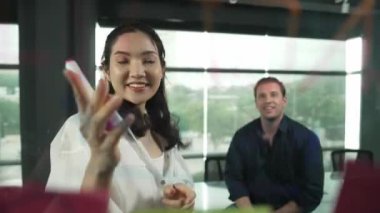 Genç kendine güvenen iş kadını projeyi uzman yatırımcıya sundu. Profesyonel proje yöneticisi başlangıç projesini açıklamak için yapışkan notlar kullanır, beyin fırtınası fikirlerini yatırımcıya paylaşır. Yönlendirici.