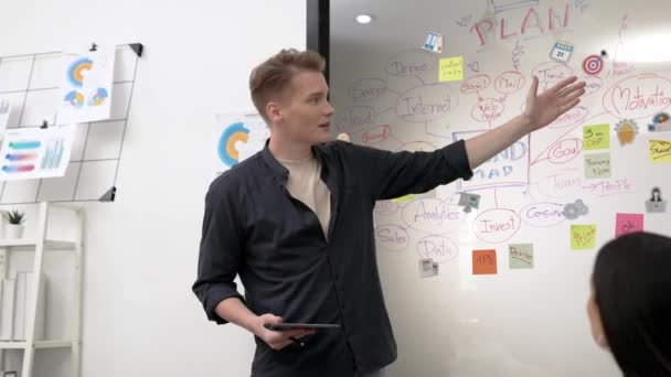 Professionell Manlig Ledare Presenterar Start Projekt Genom Att Använda Mind — Stockvideo