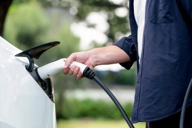 Yolculuk sırasında doğal orman ya da milli parktaki elektrikli araba için şarj olan bir adam. Tatil ve tatil boyunca çevre dostu seyahat. Yükselt