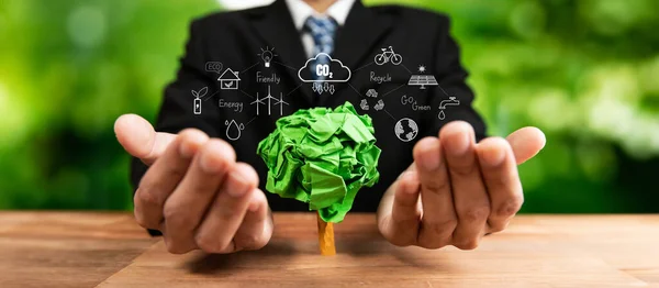 Businessmans Hand Hold Recycle Paper Tree Symbolize Corporate Commitment Esg — Stock Photo, Image