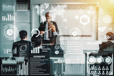 İş Mali Analitik Konsepti için Büyük Veri Teknolojisi. Modern arayüz ekranda iş satış raporları, kâr tablosu ve borsa eğilimleri analizleri hakkında muazzam bilgiler gösteriyor. uds