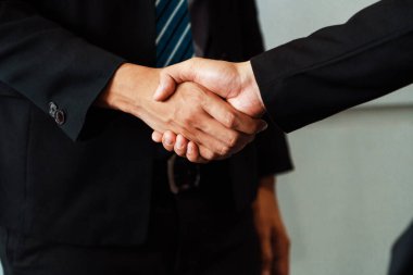 İş adamları konsepti kabul ediyor. İş adamı toplantı odasında başka bir iş adamıyla tokalaşıyor. uds