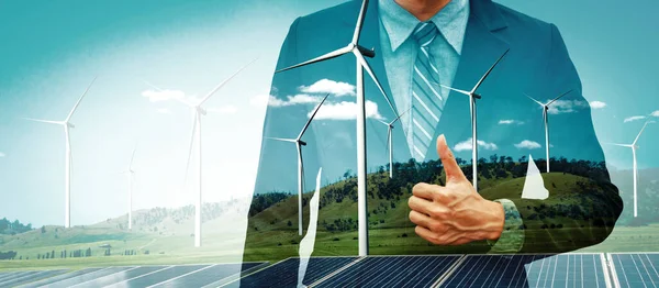 Double Exposure Graphic Business People Working Wind Turbine Farm Green — Stock Photo, Image