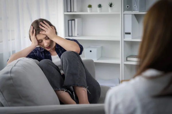 Sad Ptsd Woman Patient Utmost Therapy Mental Health Psychologist Depression — Stock Photo, Image