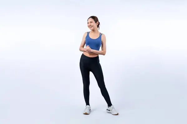 Full Body Asian Woman Sportswear Portrait Smiling Posing Cheerful Gesture — Stock Photo, Image