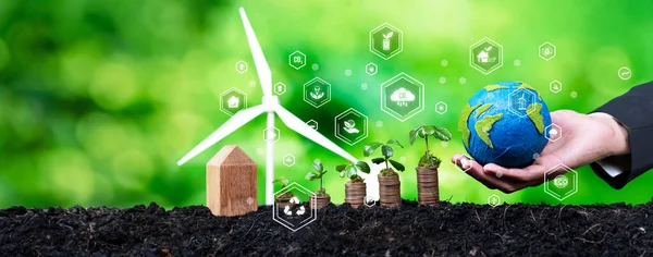 Panorama growing money or coin stack with business investor invest net zero and sustainable energy technology. Green business investment and financial growth on environmental sustainability. Reliance