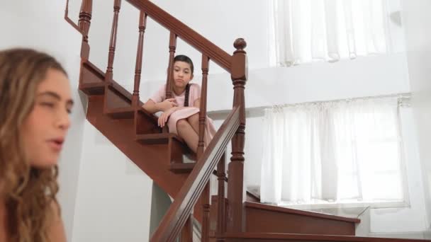 Stressed Unhappy Young Girl Watch Her Parent Arguing Stair Domestic — Stock Video