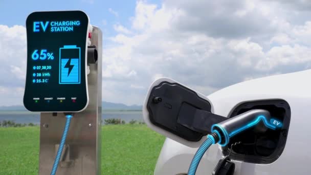 在风景秀丽的自然景观背景下 利用未来智能电动汽车充电站的清洁充电电池生产环保电动汽车 替代能源的可持续性和电动车的利用 Perusee — 图库视频影像