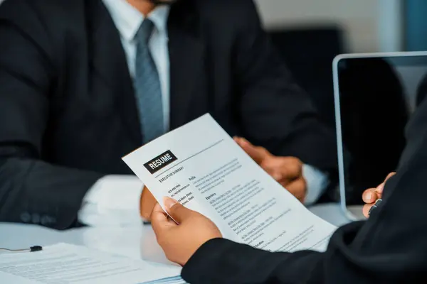 Human Resources Department Manager Reads Resume Document Employee Candidate Interview — Stock Photo, Image